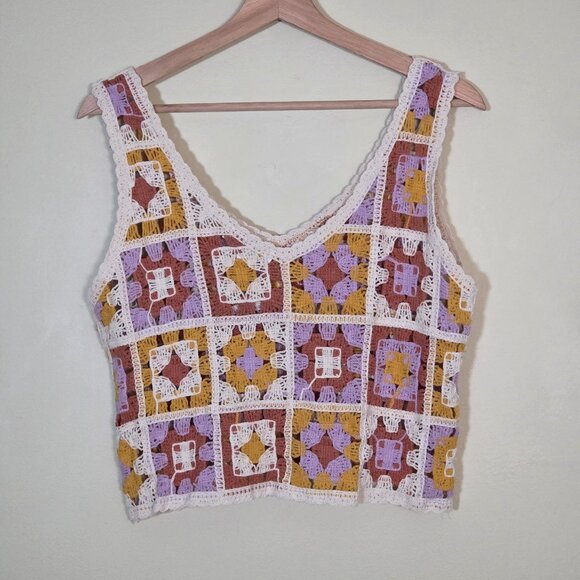 Rebellion Again Crocheted Top Women L Granny Square Sleeveless V Neck Crop Boho - Picture 3 of 14